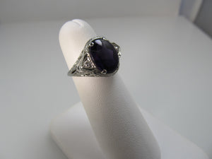 Vintage amethyst and diamond ring, 14k white gold filigree