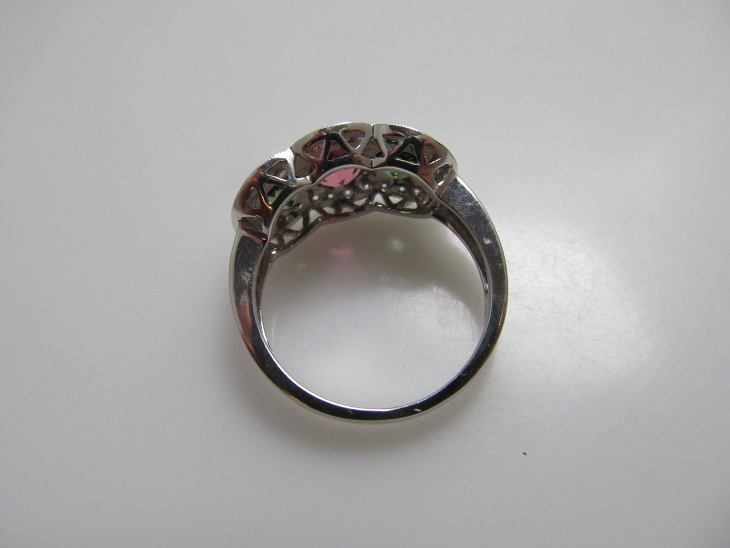 Pink and green tourmaline diamond ring