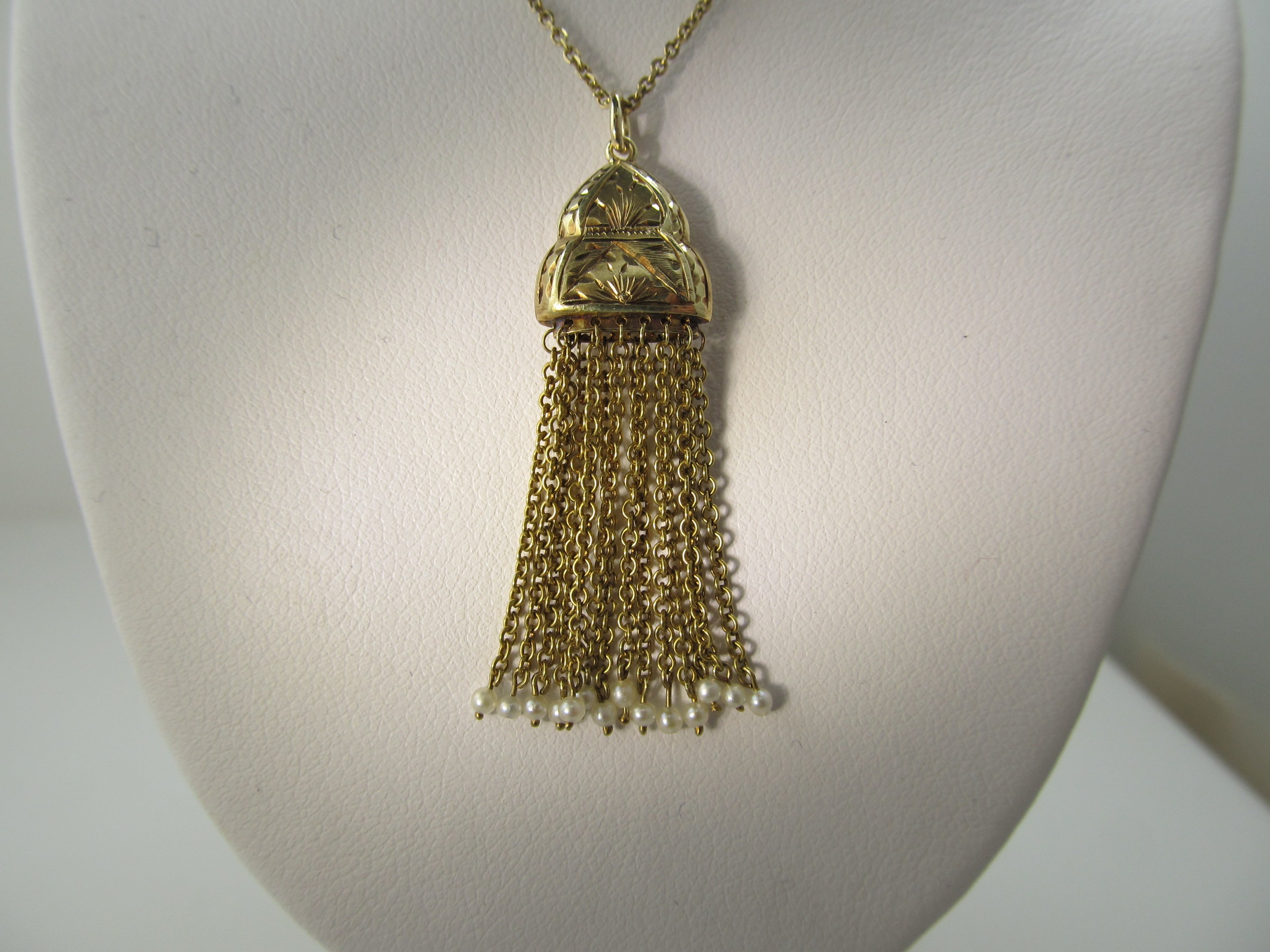 Edwardian tassel necklace with pearls, 14k yellow gold