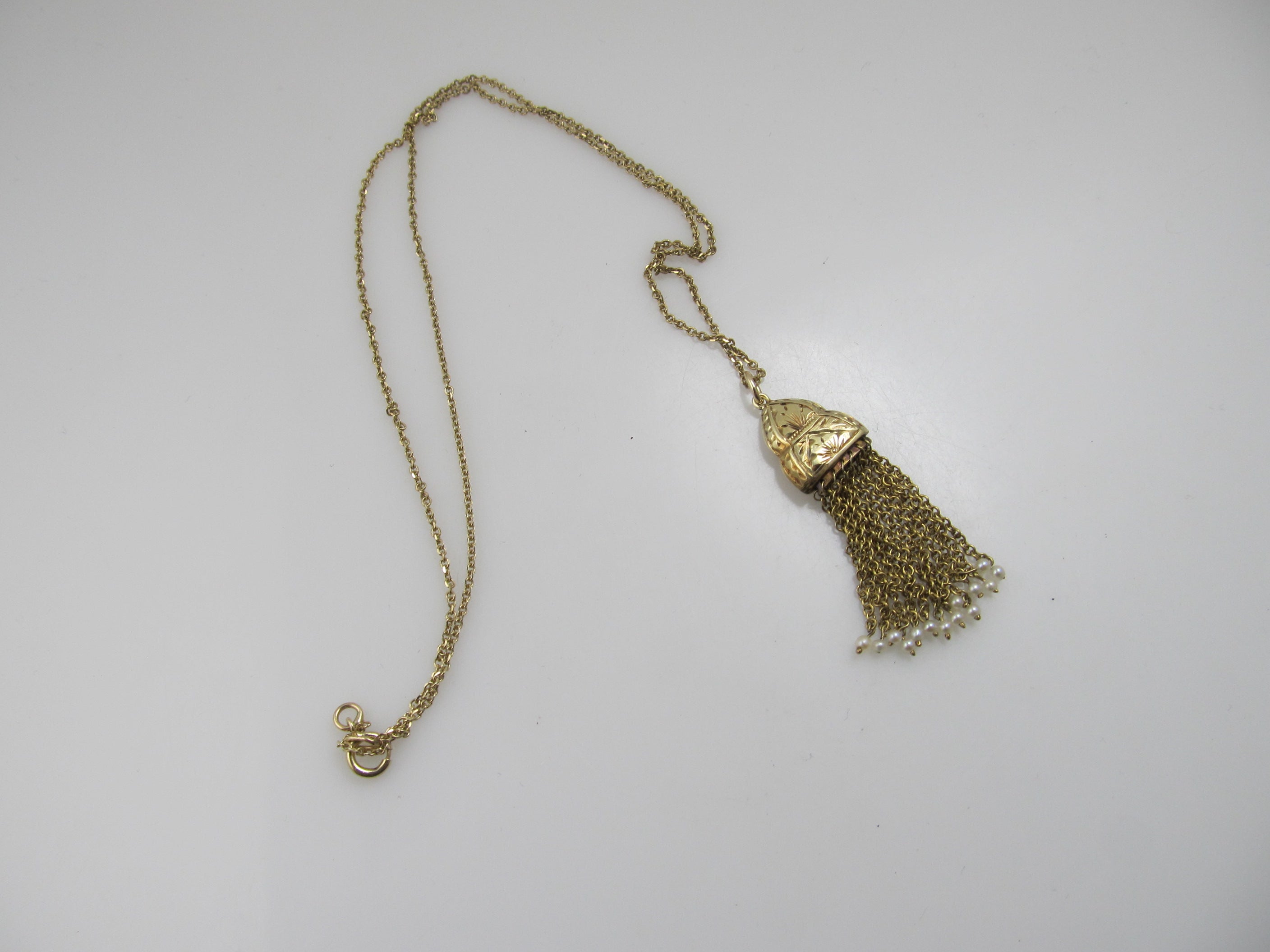 Edwardian tassel necklace with pearls, 14k yellow gold