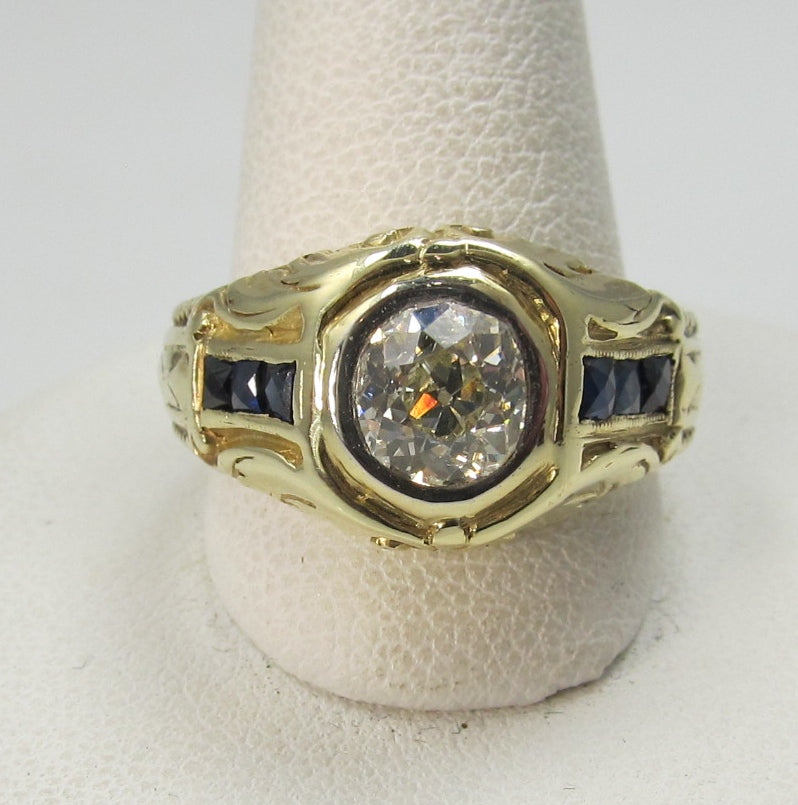 Deco 14k yellow gold 1ct diamond and sapphire ring