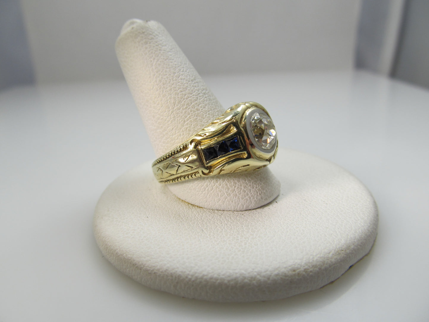 Deco 14k yellow gold 1ct diamond and sapphire ring
