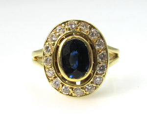 Estate 18k yellow gold sapphire diamond halo ring