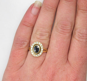 Estate 18k yellow gold sapphire diamond halo ring