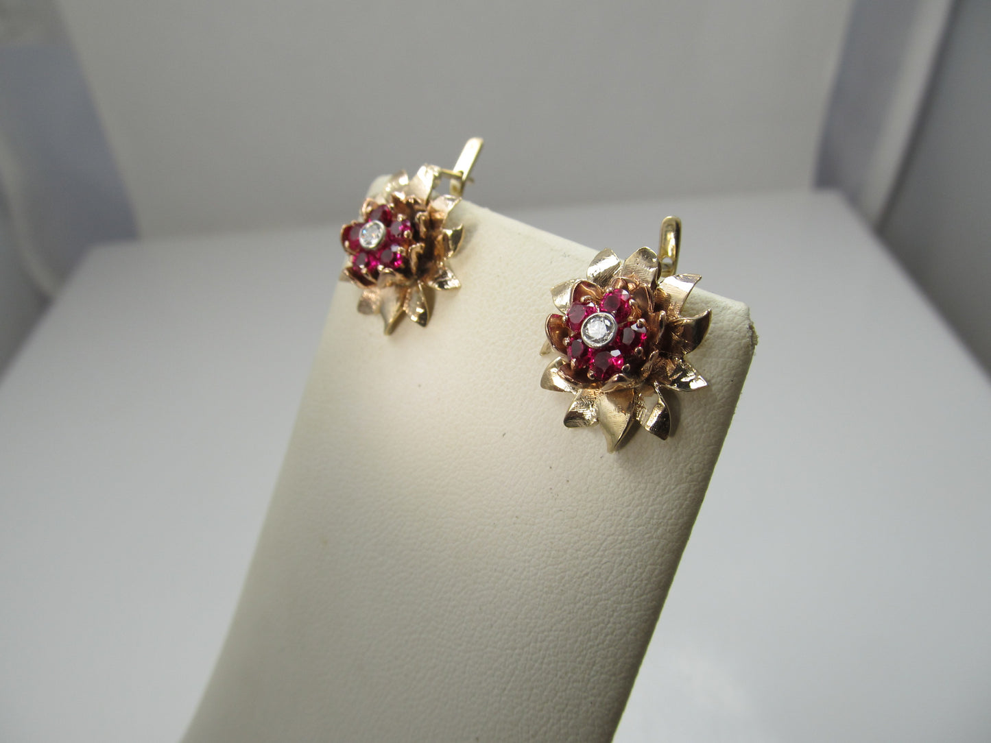 Vintage retro 14k rose gold earrings with rubies and diamonds