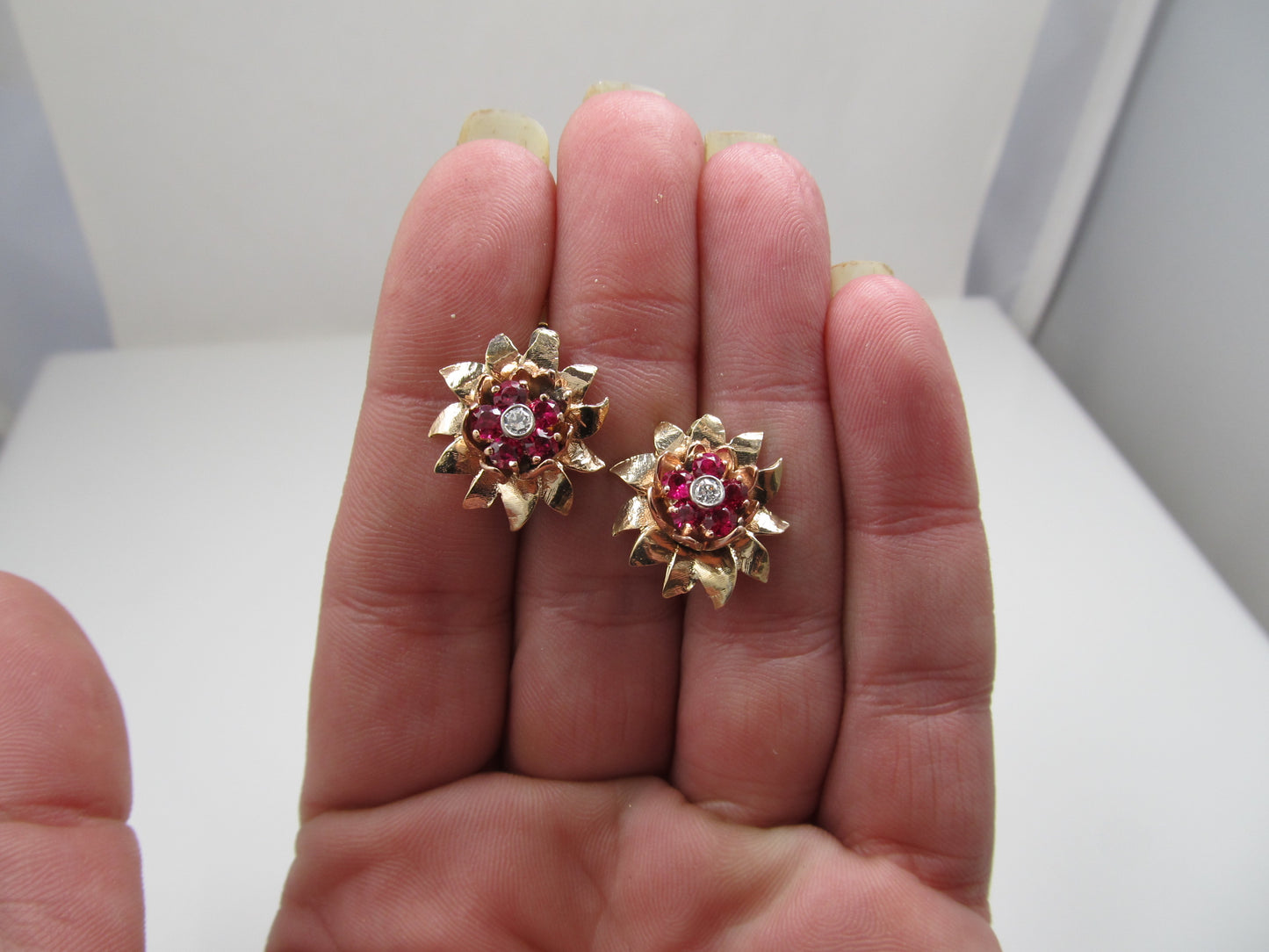 Vintage retro 14k rose gold earrings with rubies and diamonds