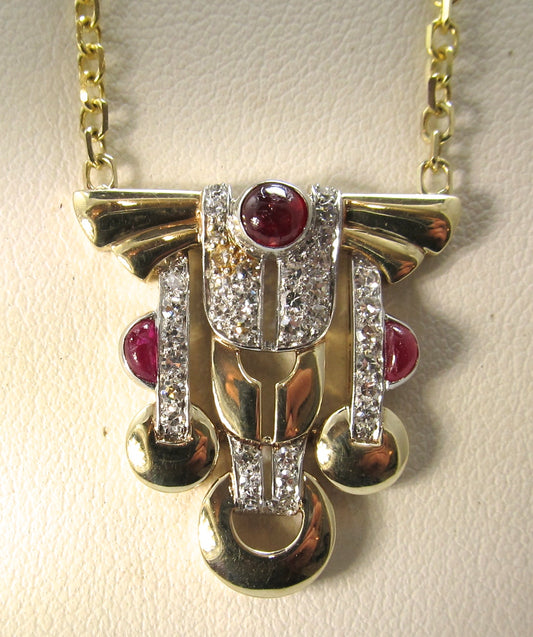 Vintage retro diamond and cabochon ruby necklace