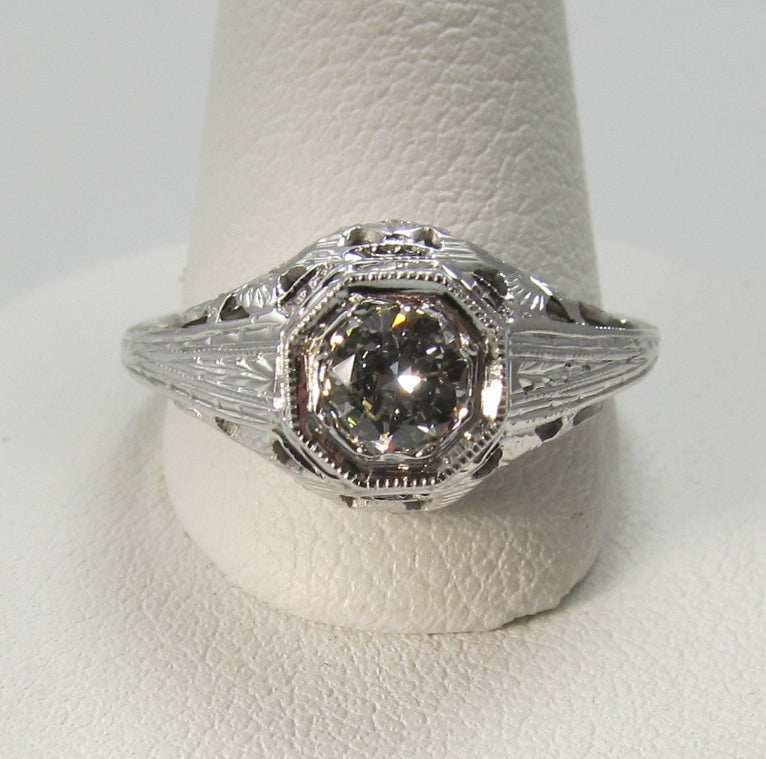 Vintage 18k white gold filigree ring with a .40ct diamond, circa 1920