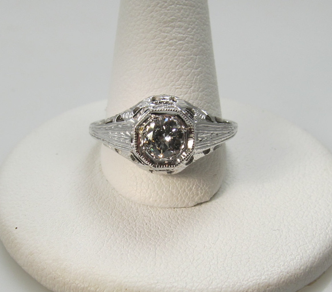 Vintage 18k white gold filigree ring with a .40ct diamond, circa 1920