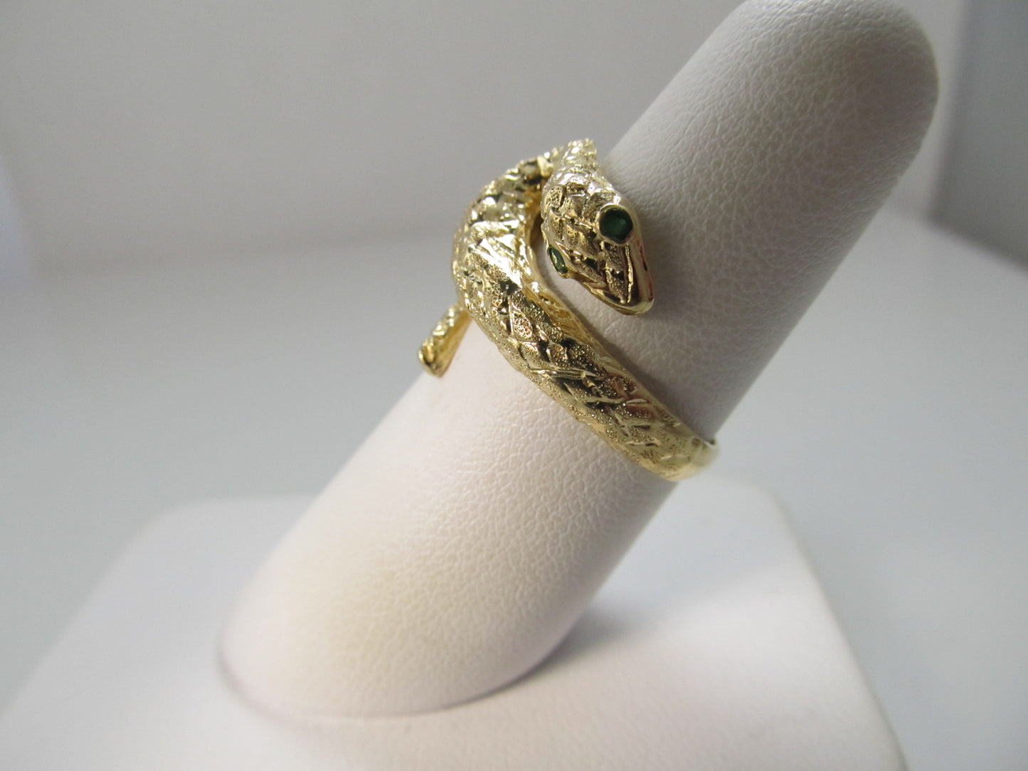 Vintage snake ring with emerald eyes, 14k yellow gold