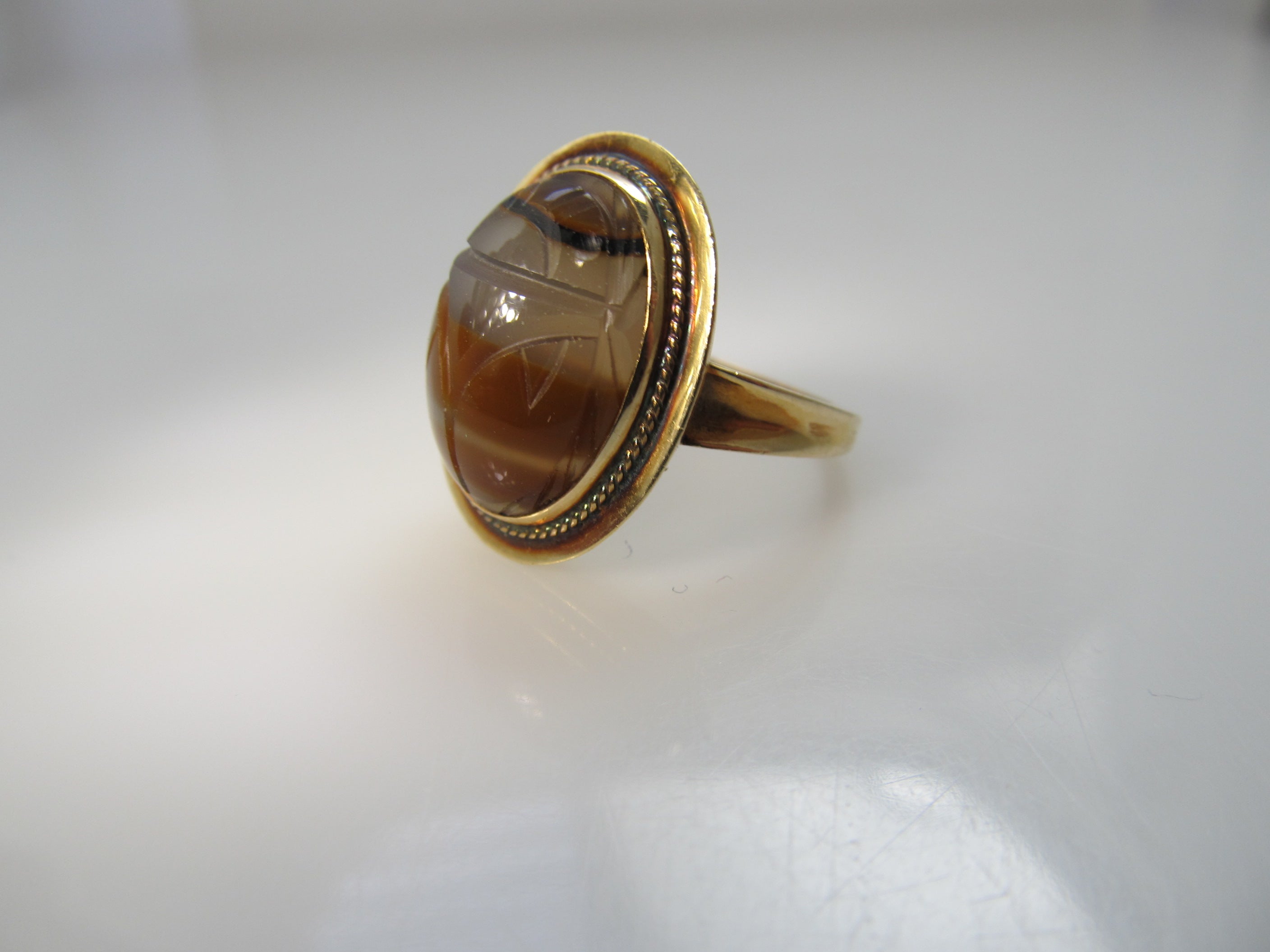 Vintage banded agate scarab ring, 14k yellow gold