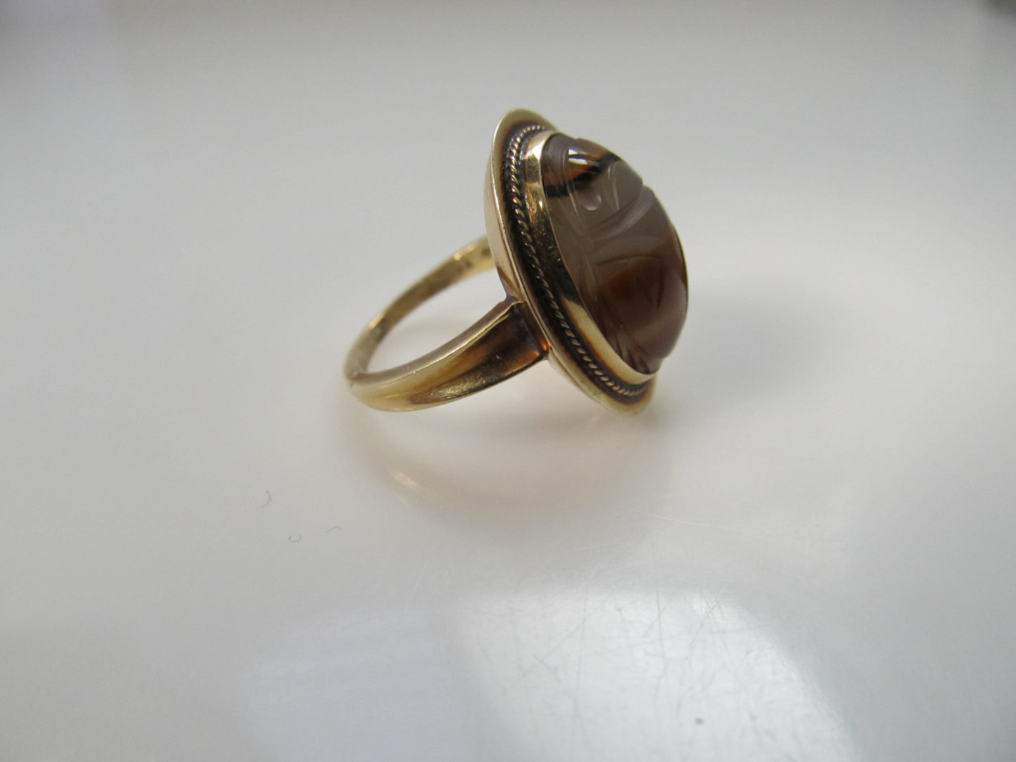 Vintage banded agate scarab ring, 14k yellow gold