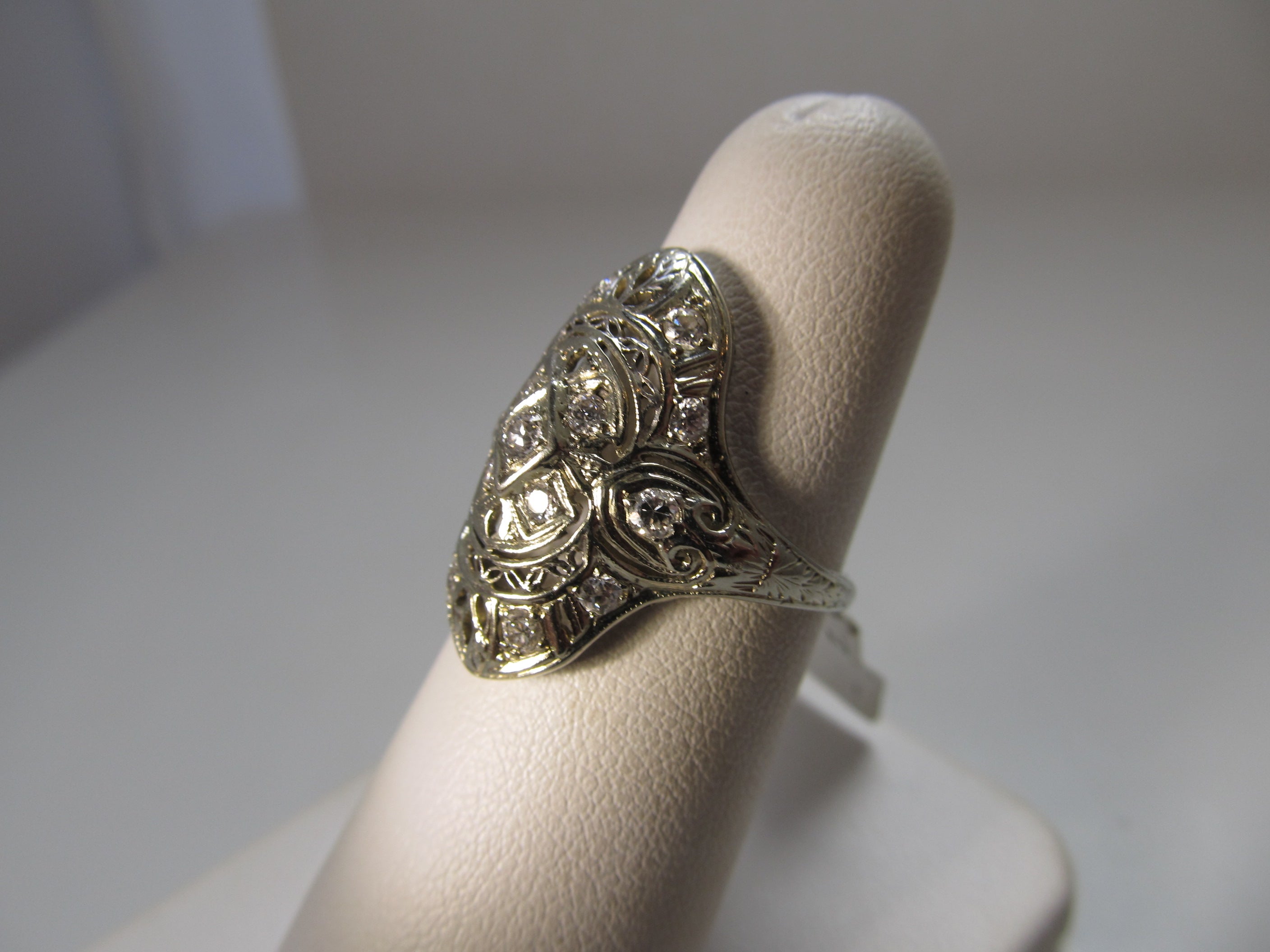 Vintage long filigree diamond ring