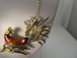 Vintage enamel bird necklace with diamonds, 18k yellow gold