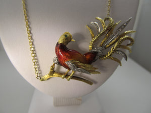 Vintage enamel bird necklace with diamonds, 18k yellow gold