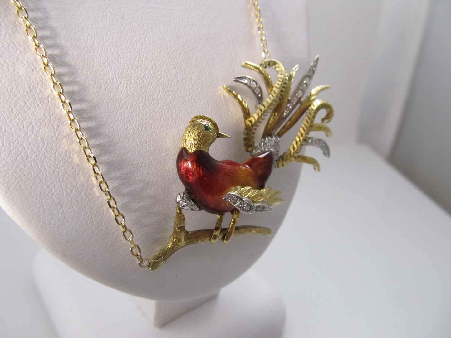 Vintage enamel bird necklace with diamonds, 18k yellow gold