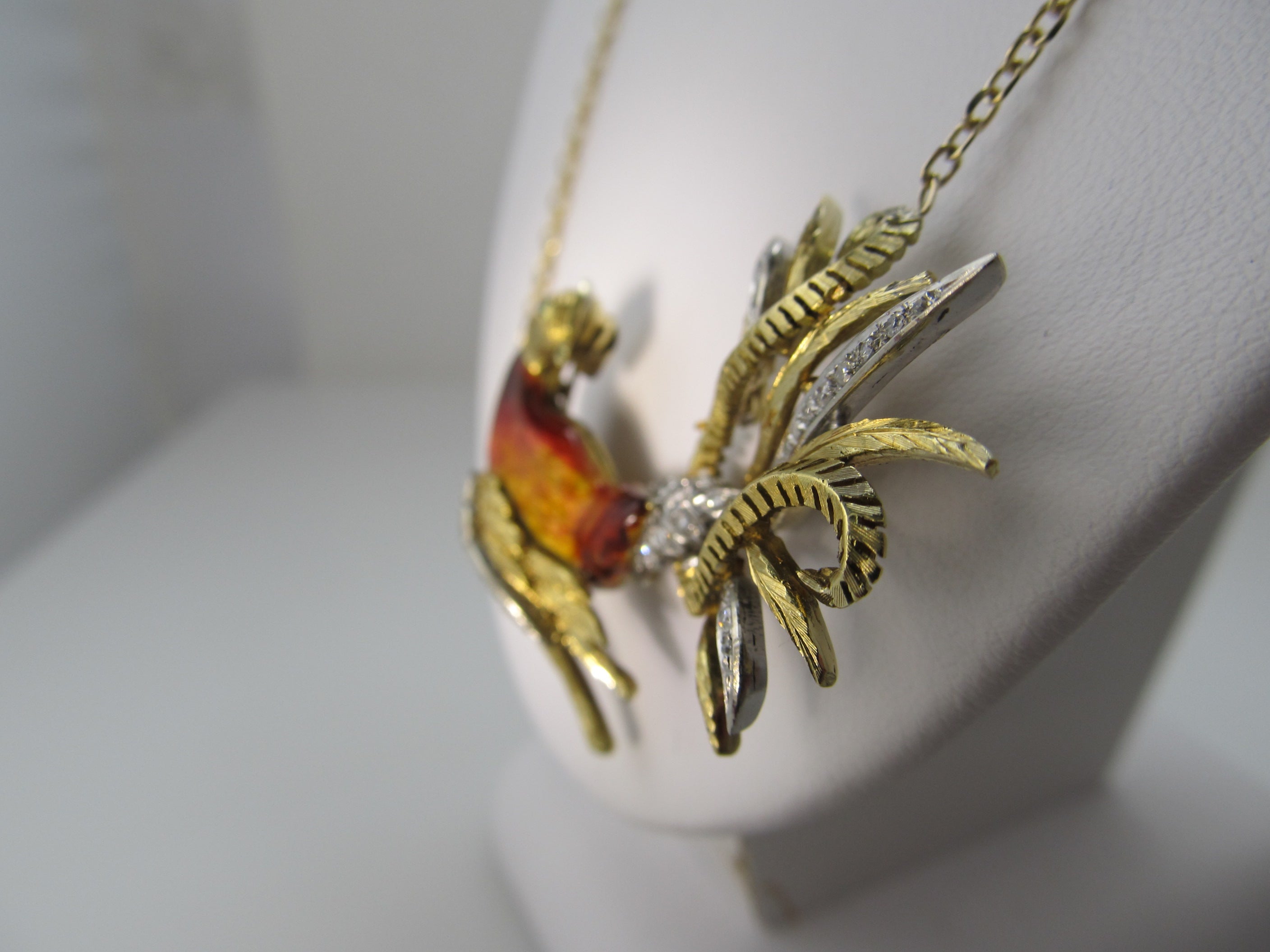 Vintage enamel bird necklace with diamonds, 18k yellow gold