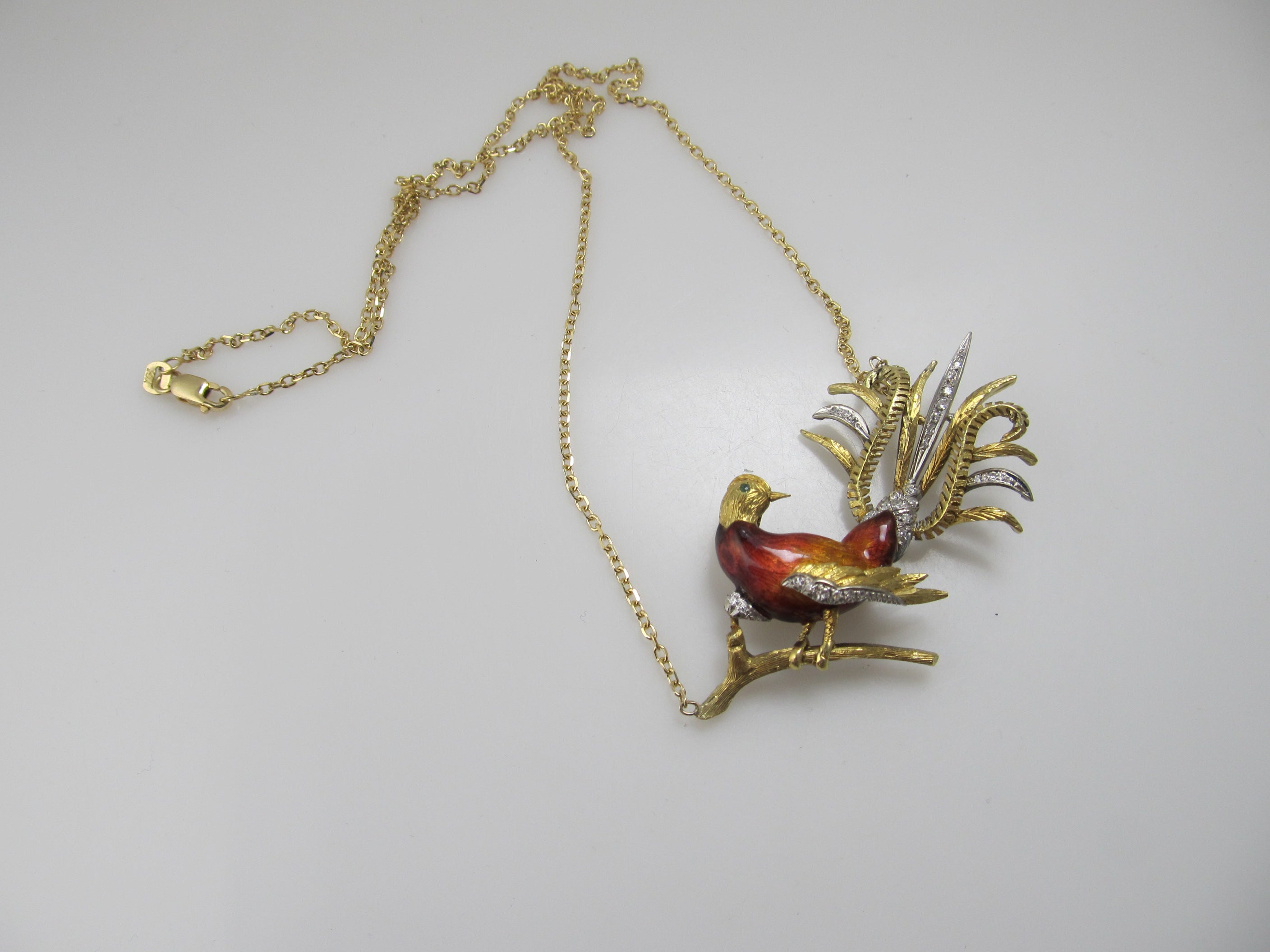 Vintage enamel bird necklace with diamonds, 18k yellow gold