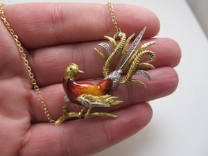 Vintage enamel bird necklace with diamonds, 18k yellow gold