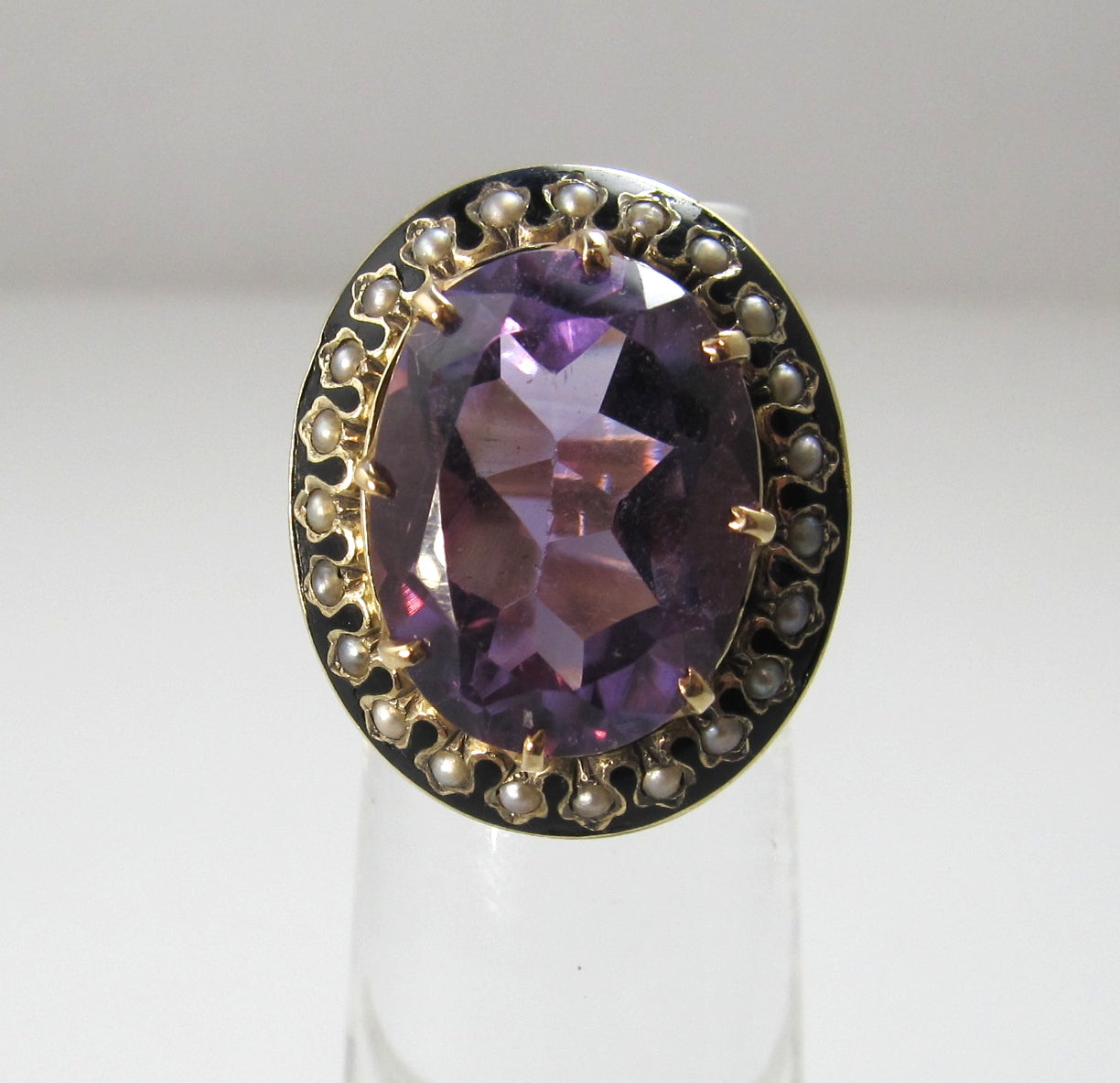 Antique 14k gold amethyst ring with pearls and black enamel