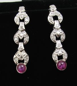 Vintage platinum drop earrings with diamonds and star ruby