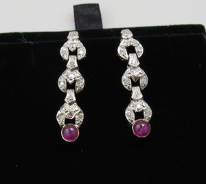 Vintage platinum drop earrings with diamonds and star ruby