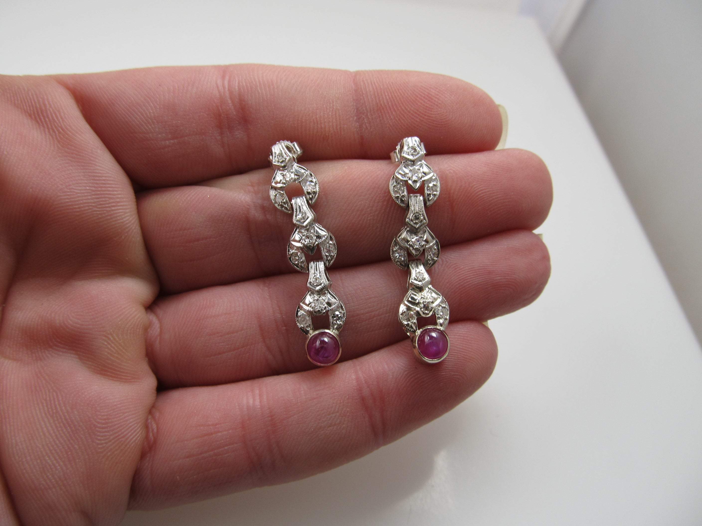 Vintage platinum drop earrings with diamonds and star ruby