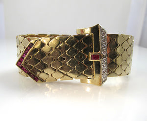 Vintage retro diamond and ruby buckle bracelet