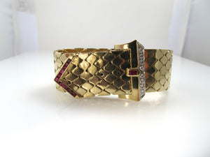 Vintage retro diamond and ruby buckle bracelet