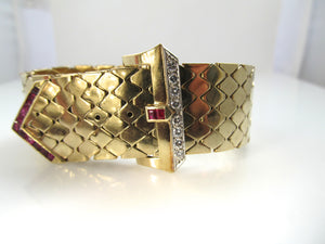 Vintage retro diamond and ruby buckle bracelet