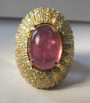 18k yellow gold ring with an 8ct pink tourmaline and 2cts in diamonds, VS1-2 F-G