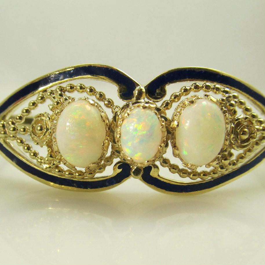 Vintage 14k Yellow Gold Opal, Cobalt Blue Enamel Bangle Bracelet