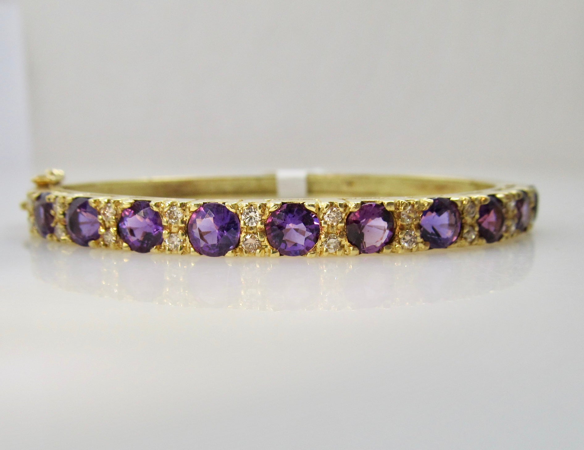 Yellow gold amethyst diamond bangle bracelet