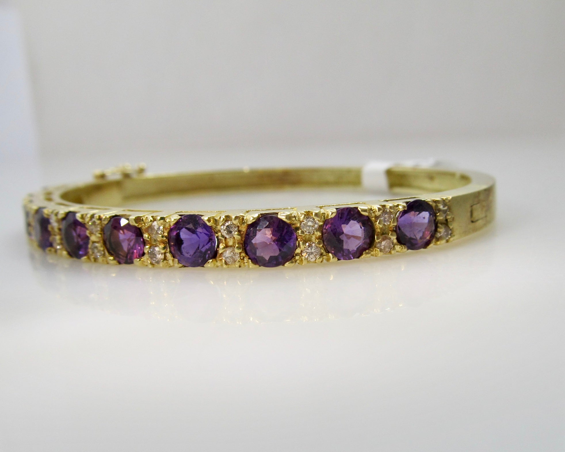 Yellow gold amethyst diamond bangle bracelet