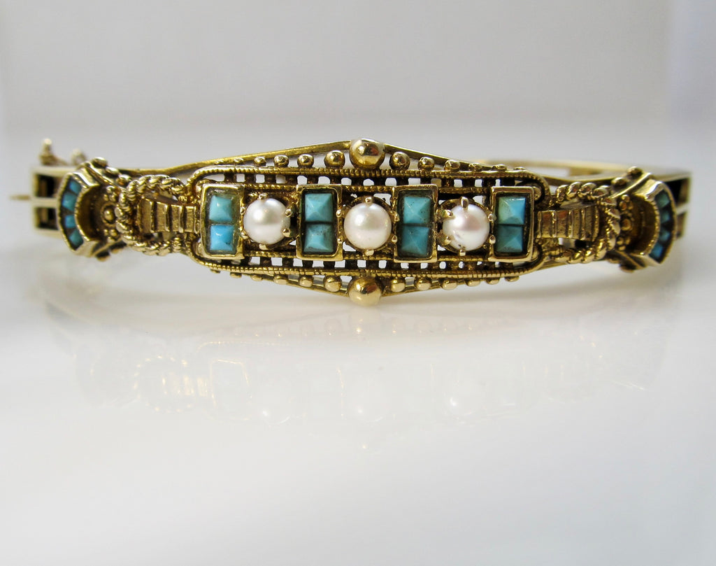 Vintage turquoise pearl bangle bracelet