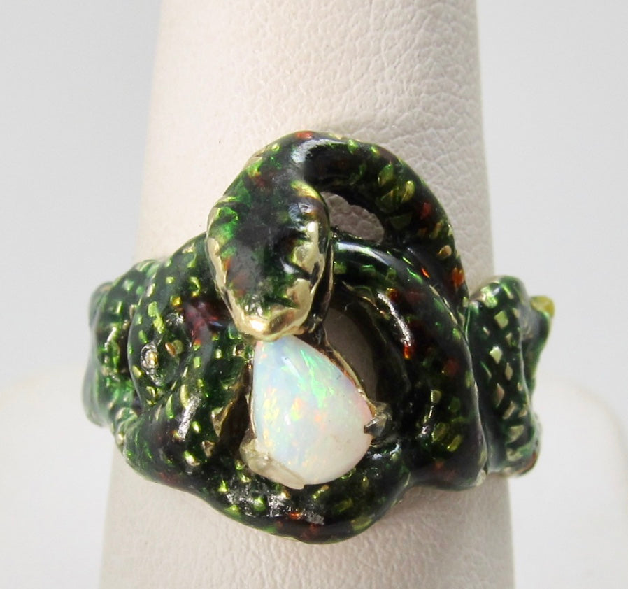 Vintage green enamel opal snake ring