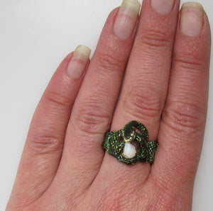 Vintage green enamel opal snake ring