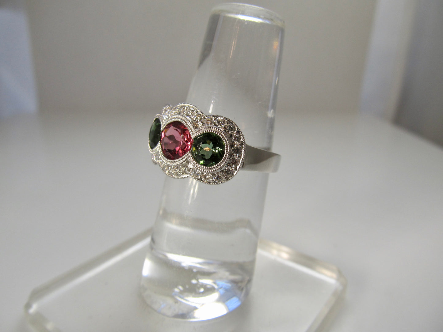 Pink and green tourmaline diamond ring