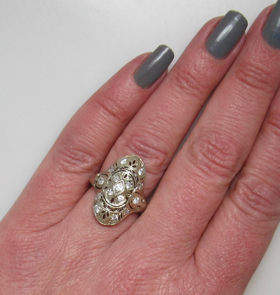 Vintage long filigree diamond ring