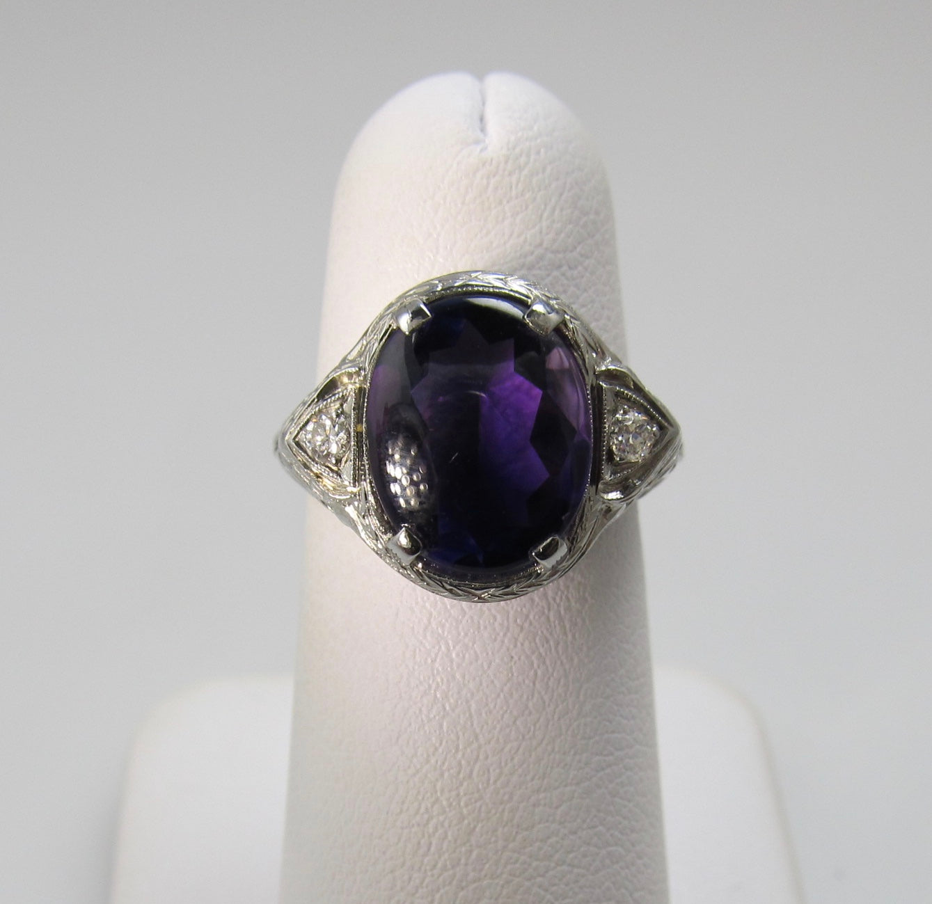 Vintage amethyst and diamond ring, 14k white gold filigree