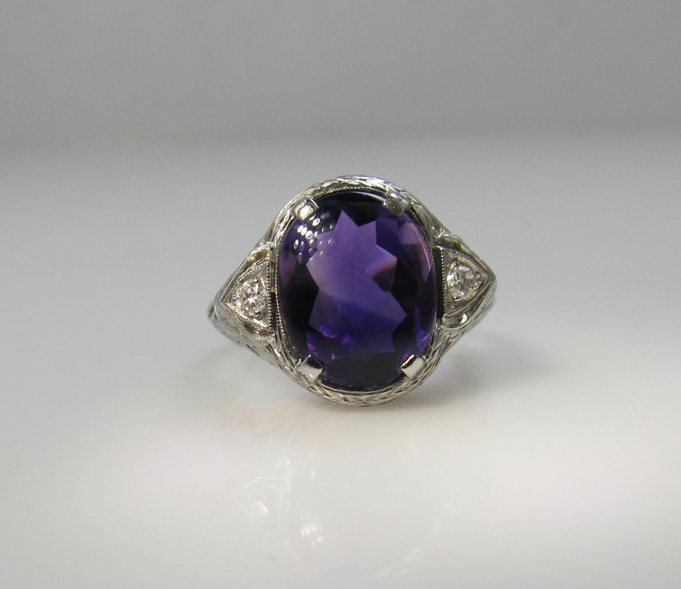 Vintage amethyst and diamond ring, 14k white gold filigree