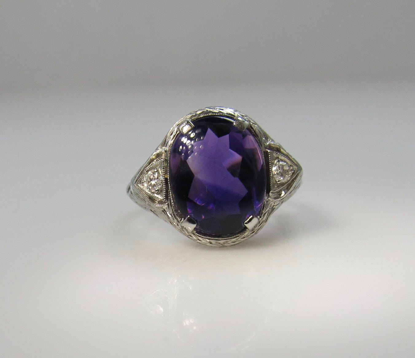 Vintage amethyst and diamond ring, 14k white gold filigree – Victorious