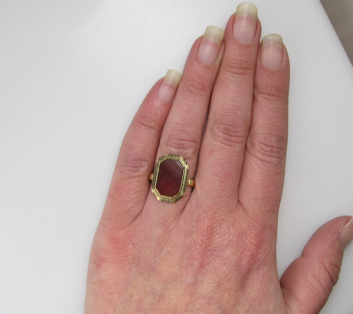 Vintage enamel carnelian ring, 10k yellow gold