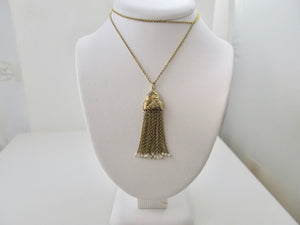 Edwardian tassel necklace with pearls, 14k yellow gold