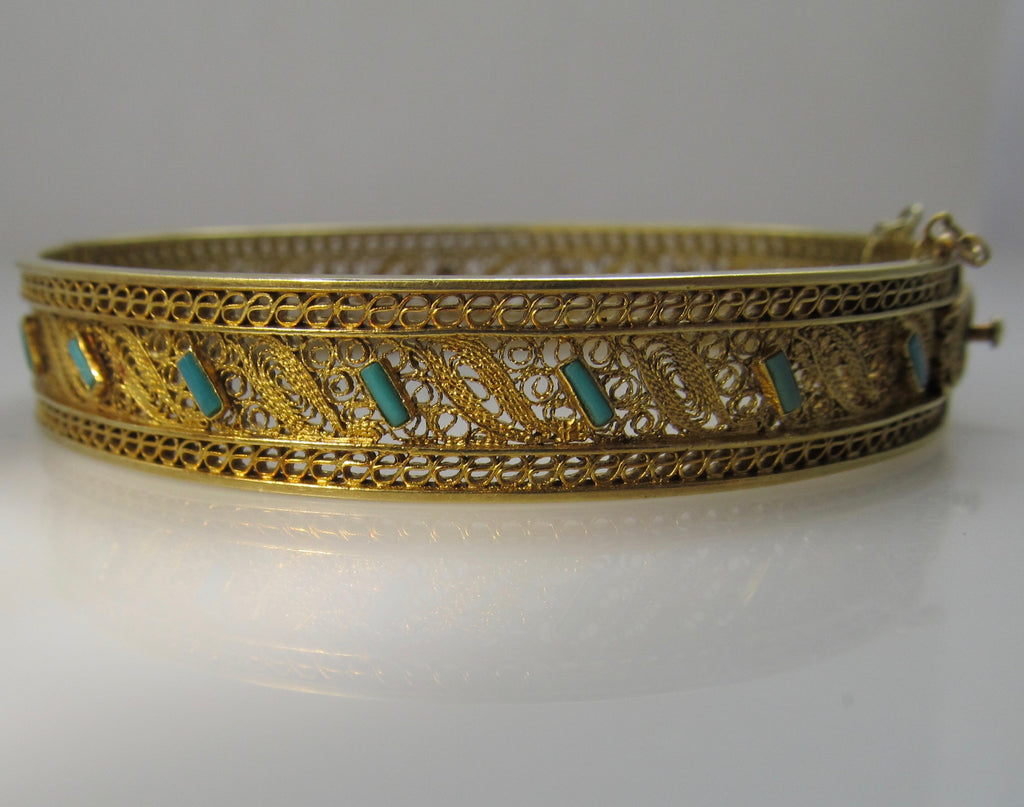 Antique 14k yellow gold filigree bangle bracelet with turquoise