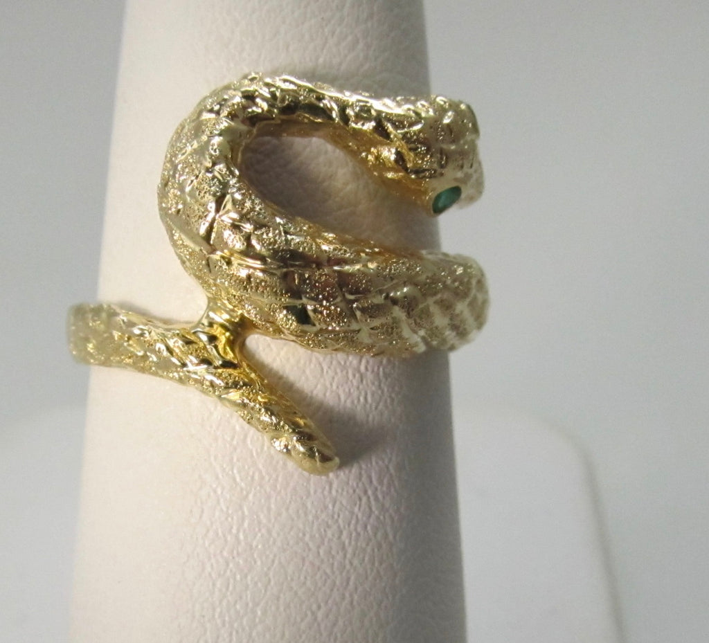 Vintage snake ring with emerald eyes, 14k yellow gold