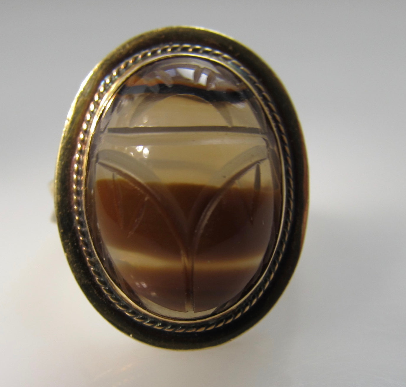 Vintage banded agate scarab ring, 14k yellow gold