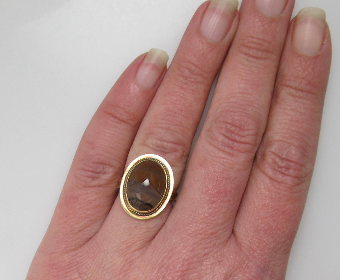 Vintage banded agate scarab ring, 14k yellow gold