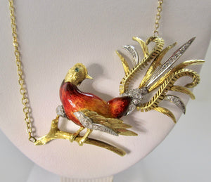 Vintage enamel bird necklace with diamonds, 18k yellow gold