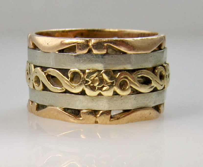 Vintage wide band, 14k rose, white and yellow gold
